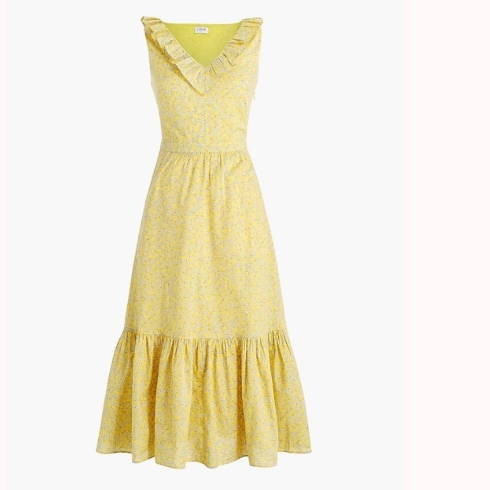 J Crew Factory Yellow Spring Floral Printed V Neck Ruffle Midi Dress , Sz 18